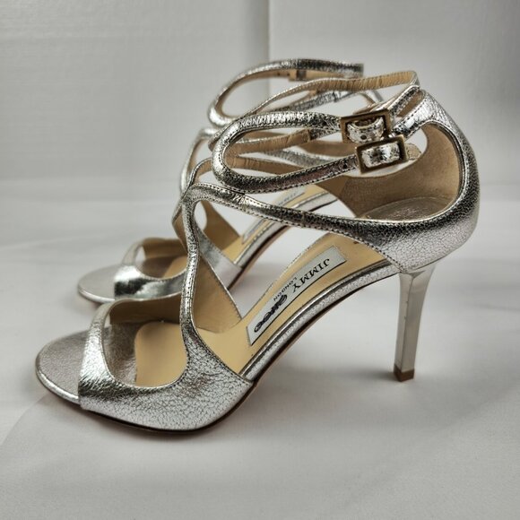 Jimmy Choo Metallic Silver Strappy Sandals Heels - Picture 4 of 5